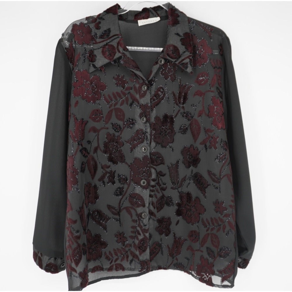 Vintage USA Womens Black Burgundy Burnout Velvet Floral Sheer‎ Button up Blouse